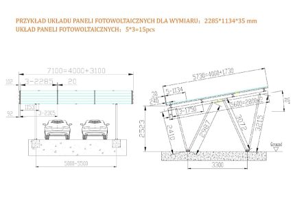 Hliníkový prístrešok pre 2 autá VV na 15 FV panelov - rozmery