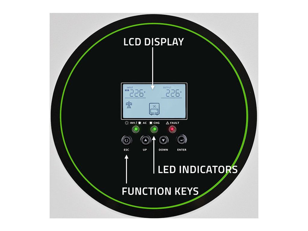 Hybridný off-grid solárny menič Qoltec 11000W | 160A | 48V | MPPT | BMS - display