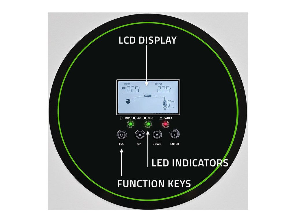 Hybridný solárny invertor mimo siete 6200W | 120A | 48V | MPPT | BMS | Sine | Možnosť Wi-Fi | Faktor výkonu 1,0 - LCD displej