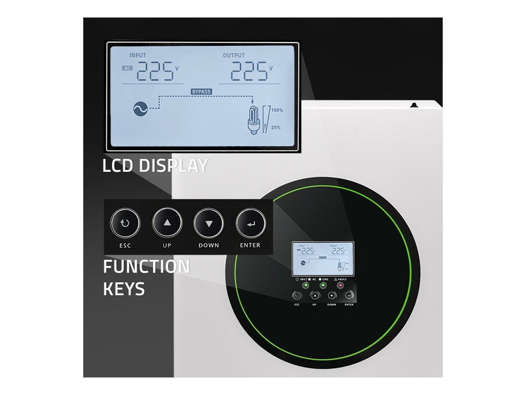 Hybridný solárny invertor mimo siete 6200W | 120A | 48V | MPPT | BMS | Sine | Možnosť Wi-Fi | Faktor výkonu 1,0 - tlacidla