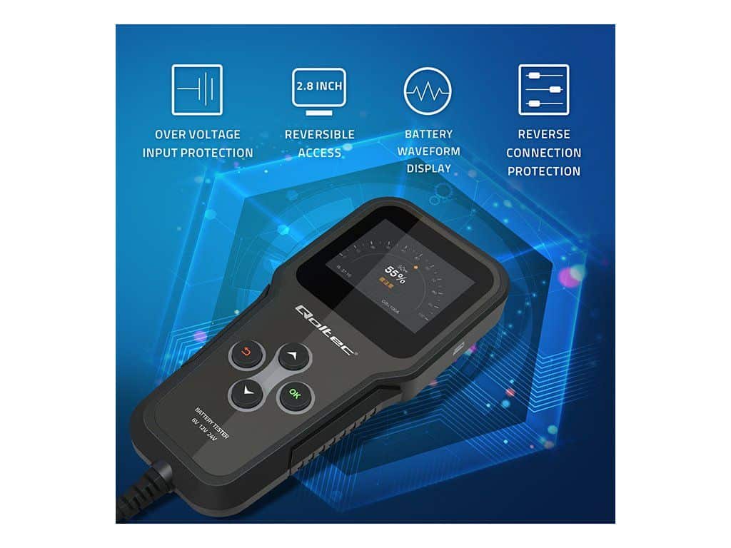 Qoltec digitálny tester batérií 3v1 s LCD| 6V | 12V | 24V | 30Ah - 200Ah České menu - parametre