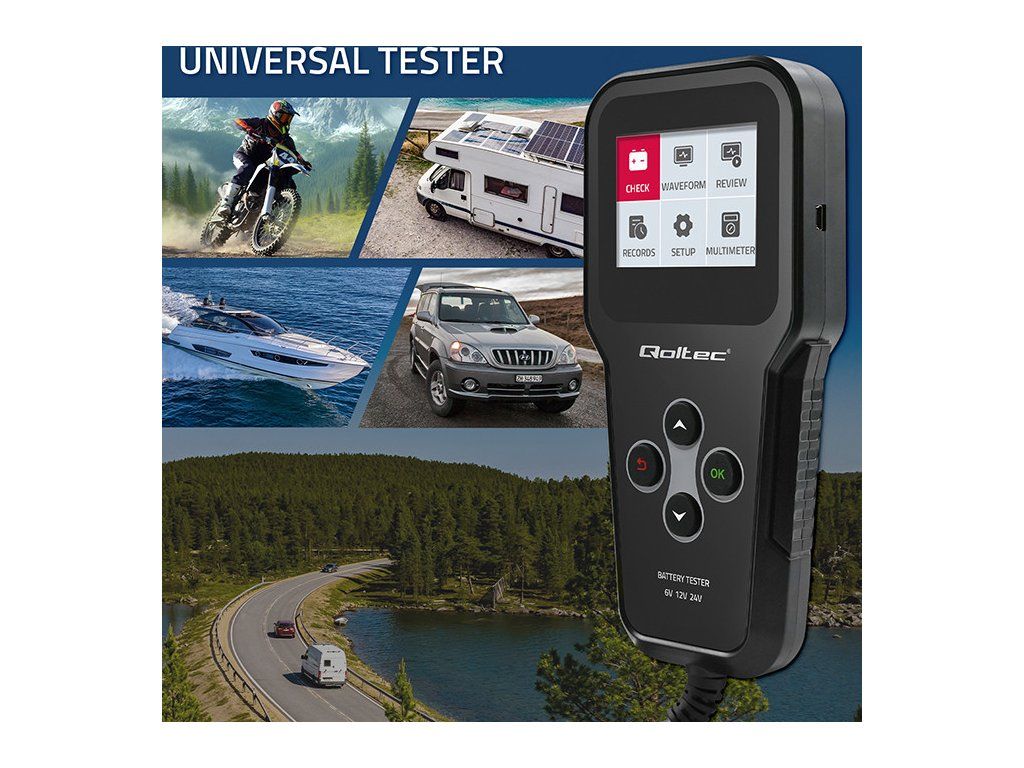Qoltec digitálny tester batérií 3v1 s LCD| 6V | 12V | 24V | 30Ah - 200Ah České menu - ukážka