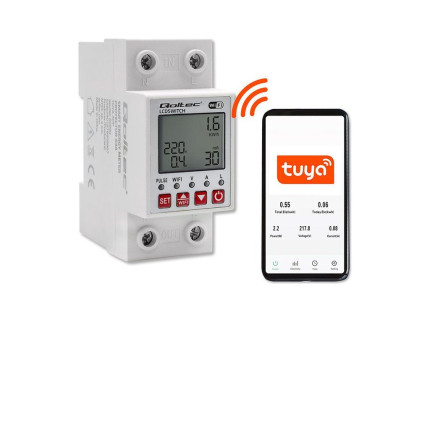 Relé 63A na DIN lištu s elektromerom Qoltec | Časovač | Tuya | Wi-Fi | LED dióda