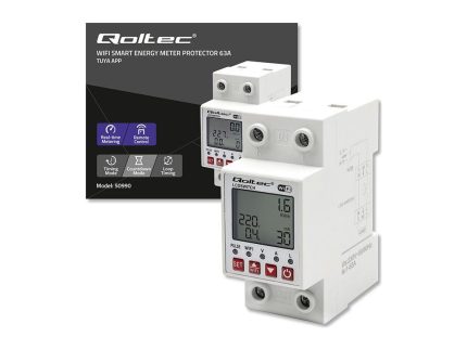 Relé 63A na DIN lištu s elektromerom Qoltec | Časovač | Tuya | Wi-Fi | LED dióda - balenie